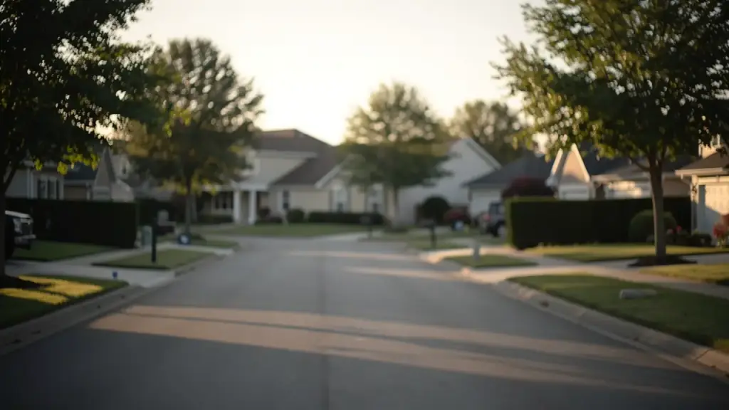 Low golden-hour light across a Houston neighborhood