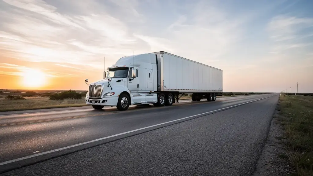 An unmarked semi truck on an open Texas interstate at dawn