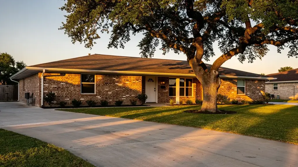 A Texas brick ranch house under a live oak at golden hour