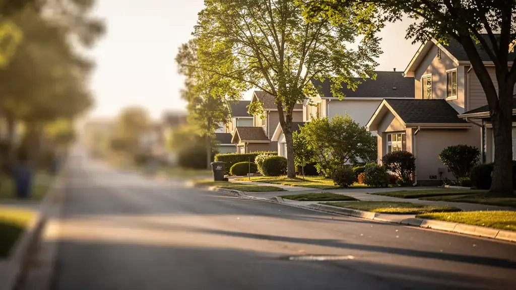 A quiet Houston residential street at golden hour